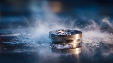 Close up of metal object with ice and smoke effect, cold temperature product photography concept image