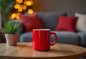 Fototapeta premium close up red mug on a wooden table in a warm and inviting living room, setting a scene of cozy comfort and relaxation, blurred lights christmas in backdrop