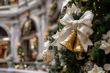 a christmas tree with a gold bell and a white bow