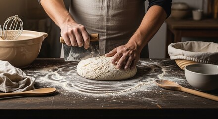 Close-up of a person's hands kneading fresh bread dough on a floured wooden table with various baking tools.