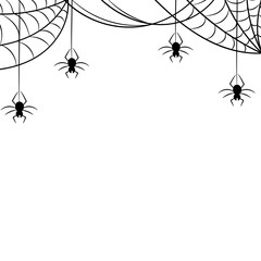 Spider Web and Hanging Spider Halloween Decoration Background Frame Line Art