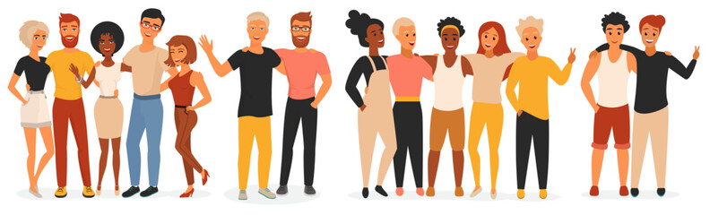 Obraz premium Friends vector illustration. Cartoon flat young man woman characters of different races standing in row together, crowd of friends people group smiling and hugging, friendship union isolated on white