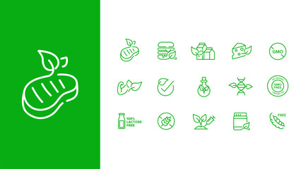Healthy food and organic products thin line icon set. Collection of outline eco symbols including GMO free, lactose free, organic products, natural ingredients, vegan food, and plant-based nutrition. 