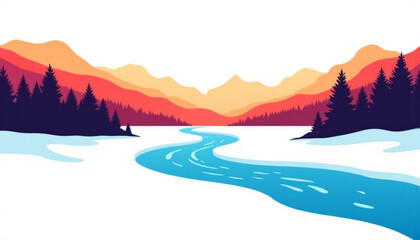 Frozen river flowing through snowy landscape with mountains in winter  