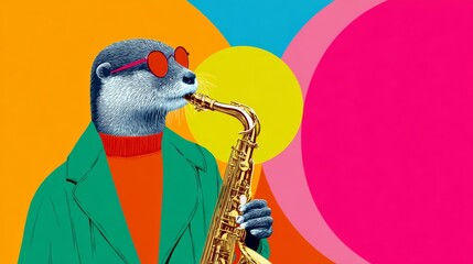 Cartoon of a muskrat playing a saxophone. The cartoon is colorful and playful. The saxophone is being held in the muskrat's mouth