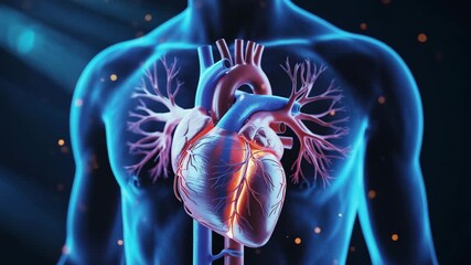 Anatomical visualization of the human heart and circulatory system glowing within a translucent blue body figure. - Powered by Adobe