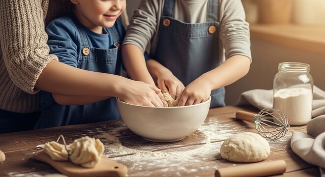 A mother and two children happily kneading dough together in a rustic kitchen, surrounded by flour and baking tools.