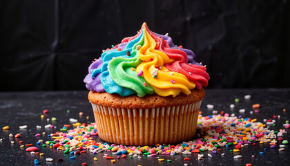 Colorful cupcake with rainbow frosting and sprinkles on a dark background, vibrant dessert concept
