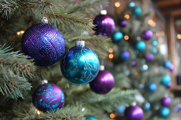 a christmas tree with purple and blue ornaments