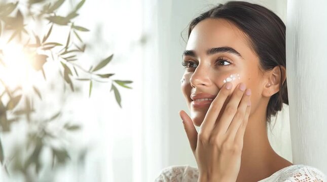 Contemporary banner featuring a model applying a skincare solution for problematic skin in a calm, stylish interior with neutral tones, highlighting balance, care, and visible skin improvement in prem