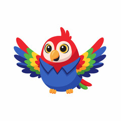 Colorful Cartoon Parrot with Open Wings on White Background.