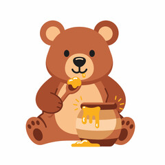 Cartoon Bear Enjoying Honey from a Pot with a Spoon.