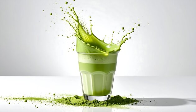 matcha latte drink in glass with milk splash and matcha powder floating apart 