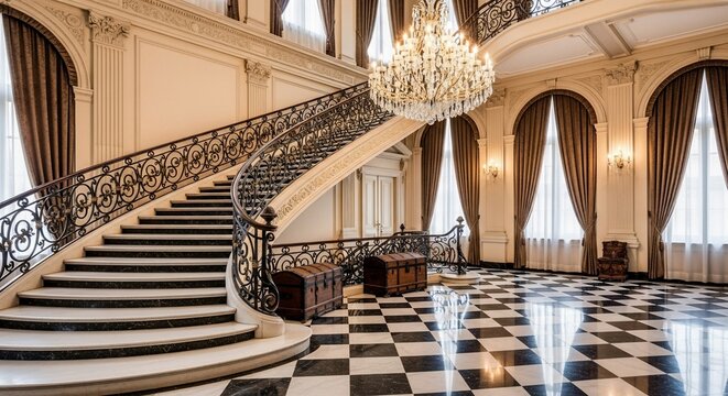Grand opulent foyer with a sweeping staircase, crystal chandelier, and checkered marble floor.