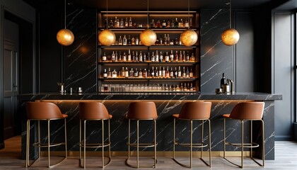 Luxury black marble bar counter features elegant gold pendant lights. Brown leather bar stools stand empty. Backlit shelves display liquor bottles, sparkling glassware. Modern upscale design creates