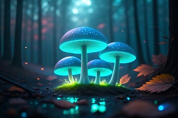 Enchanted forest bioluminescent mushrooms glow mysteriously in ethereal twilight atmosphere