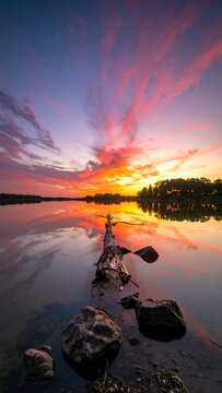 Stunning sunset reflecting on still water with a fallen log in view