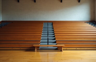 Empty gym with wooden bleachers and shiny floor. Daylight falls onto stairs. A bench sits in foreground. Nobody around. This area is used for college sport games events.