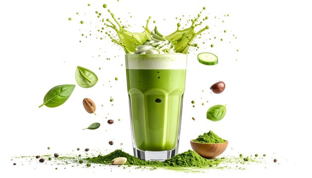 Flying matcha latte in tall glass with dynamic splash effect, condiments separated