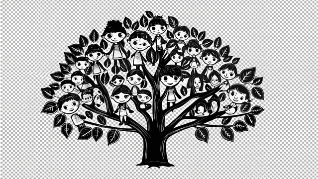 A family tree art with diverse children, symbolizing growth, unity, and connection within a community