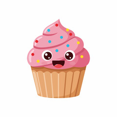 Cute kawaii cupcake character with pink frosting and sprinkles.