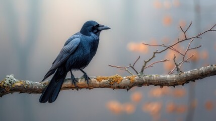 A Black Crow Perched on a Mossy Tree Branch in Misty Autumn Forest