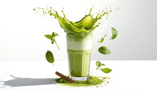 Flying matcha latte in tall glass with dynamic splash effect, condiments separated