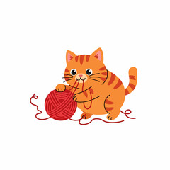 Cute orange tabby cat playing with a ball of red yarn.