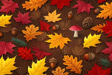 Vibrant autumn leaves acorns pinecones mushroom scatter for seasonal fall decorations and texture