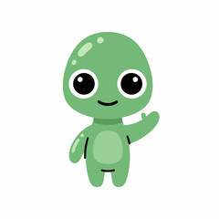 Cute green alien character with big eyes waving hello in a friendly manner.