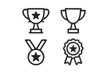 Trophy and medal award icon set. Vector line art symbols for winner, champion, and victory. First place, success, achievement, and competition concepts.