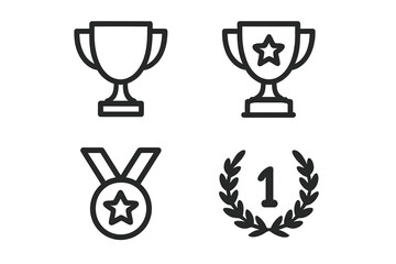 Award and trophy vector icon set. First place winner symbols. Champion cup, success medal with star, and victory laurel wreath. Competition prize line art illustration.