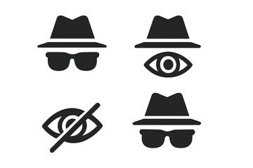 Incognito mode icon set. Spy agent, private browsing, and hidden identity concept. Anonymous user, security, and surveillance vector illustration. Secret agent in a hat.