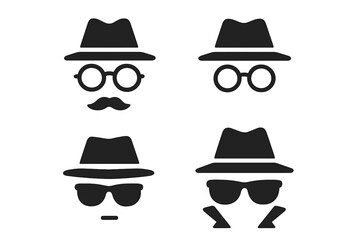 Incognito icon set. Anonymous spy agent, private detective character in disguise with hat, glasses, mustache. Security, privacy, hidden identity concept vector illustration.