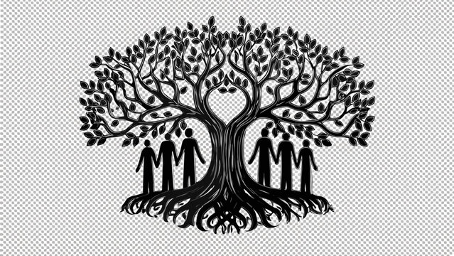 Strong family tree with supportive people, symbolizing unity, growth, resilience, and ancestral connection