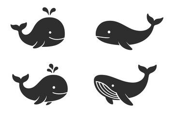 Cute whale vector icon set. Simple black silhouette collection. Marine animal character logo. Ocean life graphic element. Sea mammal symbol illustration. Cartoon aquatic design.