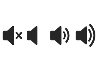Volume control icon set. Sound speaker symbols for media player interface. Audio button collection with mute, sound on, and volume level signs. Vector illustration graphic.