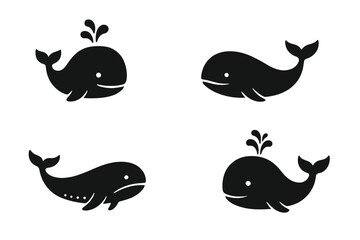 Cute whale icons set vector illustration. Cartoon marine animal silhouette collection. Simple black sea creature symbol pack for logo design or children's decor. Ocean life.