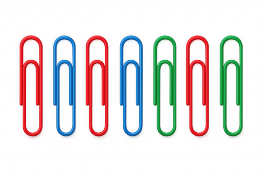 Colorful paper clips creating seamless border, office stationery organized in row, business supplies