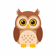 Cute brown cartoon owl with big yellow eyes isolated.