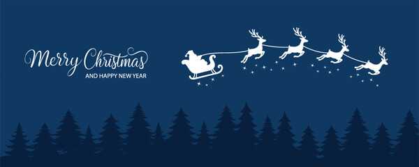 Happy New Year Merry Christmas banner Santa Claus in a sleigh with reindeer vector illustration © Vasyl Yurlov