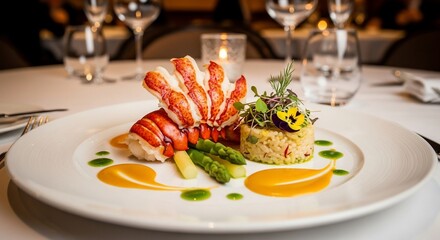 Gourmet lobster tail dish with asparagus, rice pilaf, and two vibrant sauces served in a fine dining restaurant setting.