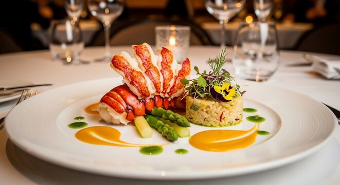 Gourmet lobster tail dish with asparagus, rice pilaf, and two vibrant sauces served in a fine dining restaurant setting. - Powered by Adobe