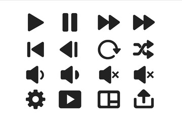 Multimedia player control icon set. Vector symbols for web and mobile app UI design. Includes play, pause, next, previous, volume, shuffle, repeat, and settings buttons.