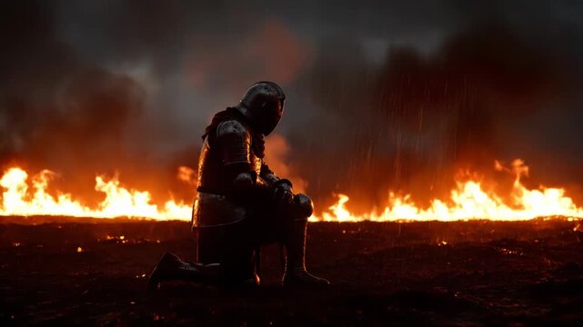 A lone knight in full armor kneels amidst a raging inferno, bathed in firelight and shadowed by a dark sky