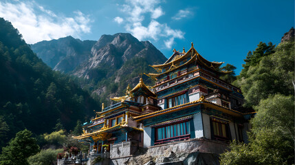 Traditional buddhist temple among serene chinese mountains