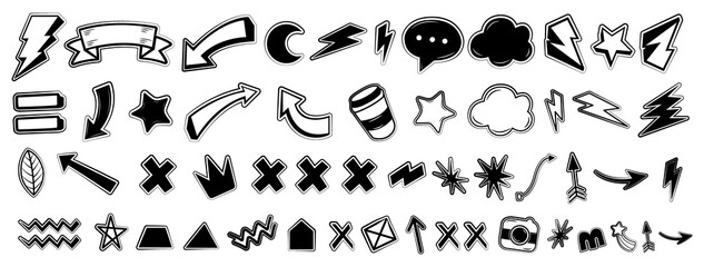 Fototapeta premium Hand drawn doodle icons set arrows, stars, lightning, speech bubbles, clouds, camera, shapes black and white sketch style vector elements for ui, web, social media, presentations.