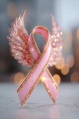 Pink ribbon representing breast cancer awareness with angel wings