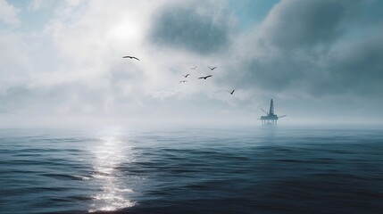 Obraz premium Offshore oil rig in calm misty ocean with birds flying
