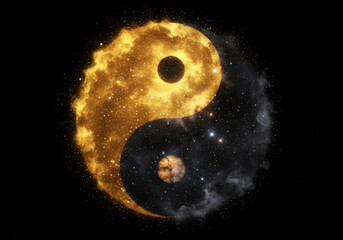 Fiery yin yang symbol with golden flames and dark smoke elements